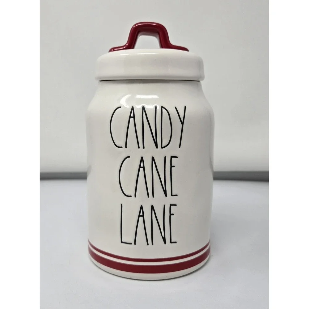 Rae Dunn Canister CANDY CANE LANE White Red Accents‎ 8.25  Tall Skinny Christmas